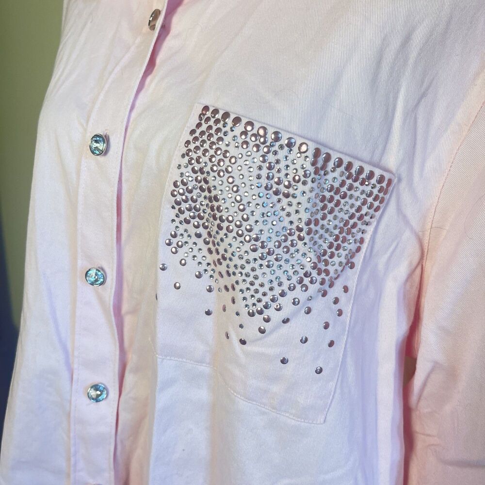 Quaker Factory Y2K Pink Western Bling Button Up Shirt XL Barbie Glam Cowgirl - Picture 3 of 16